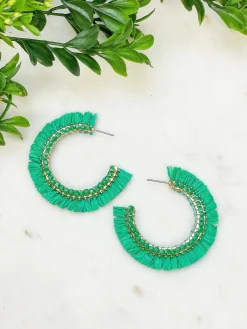 Beaded Raffia Hoop Earrings - Green