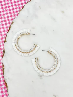 Beaded Raffia Hoop Earrings - White