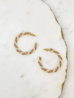 Beaded Twist Hoop Earrings - Mauve