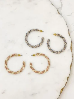 Beaded Twist Hoop Earrings - Mauve