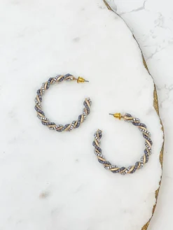Beaded Twist Hoop Earrings - Gray