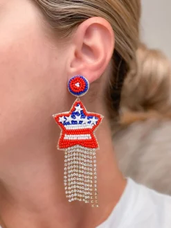 Beaded USA Star Tassel Drop Earrings