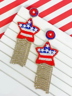 Beaded USA Star Tassel Drop Earrings
