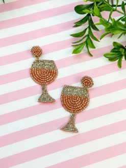 Beaded Wine Glass Dangle Earrings - Rosé