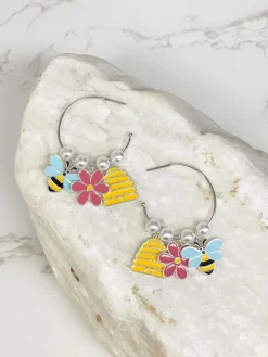 Bee Charm Pearl Hoop Earrings