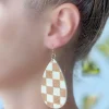 Beige Checkered Oval Dangle Earrings