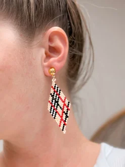 Beige Plaid Fringe Beaded Dangle Earrings