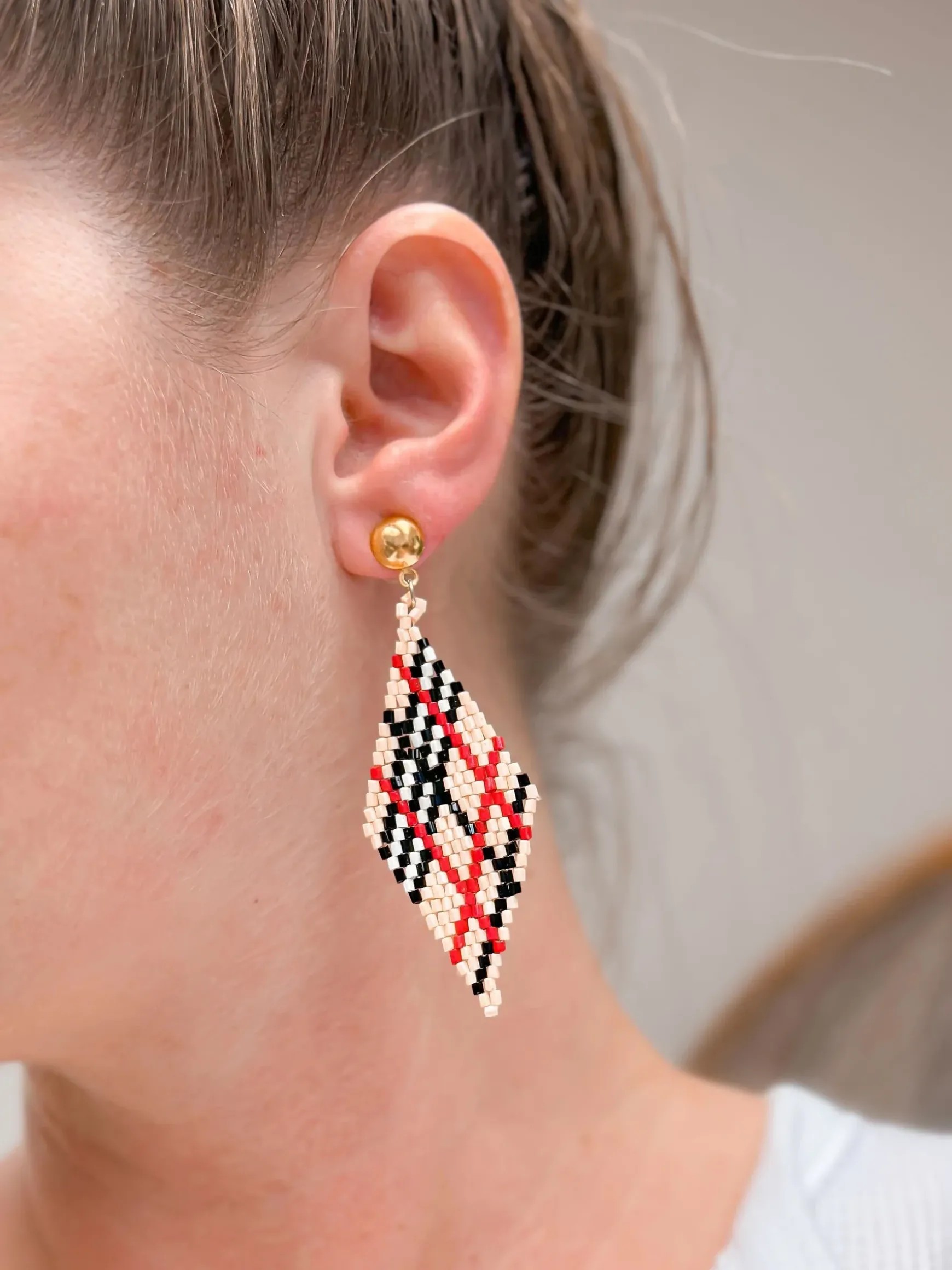 Beige Plaid Fringe Beaded Dangle Earrings