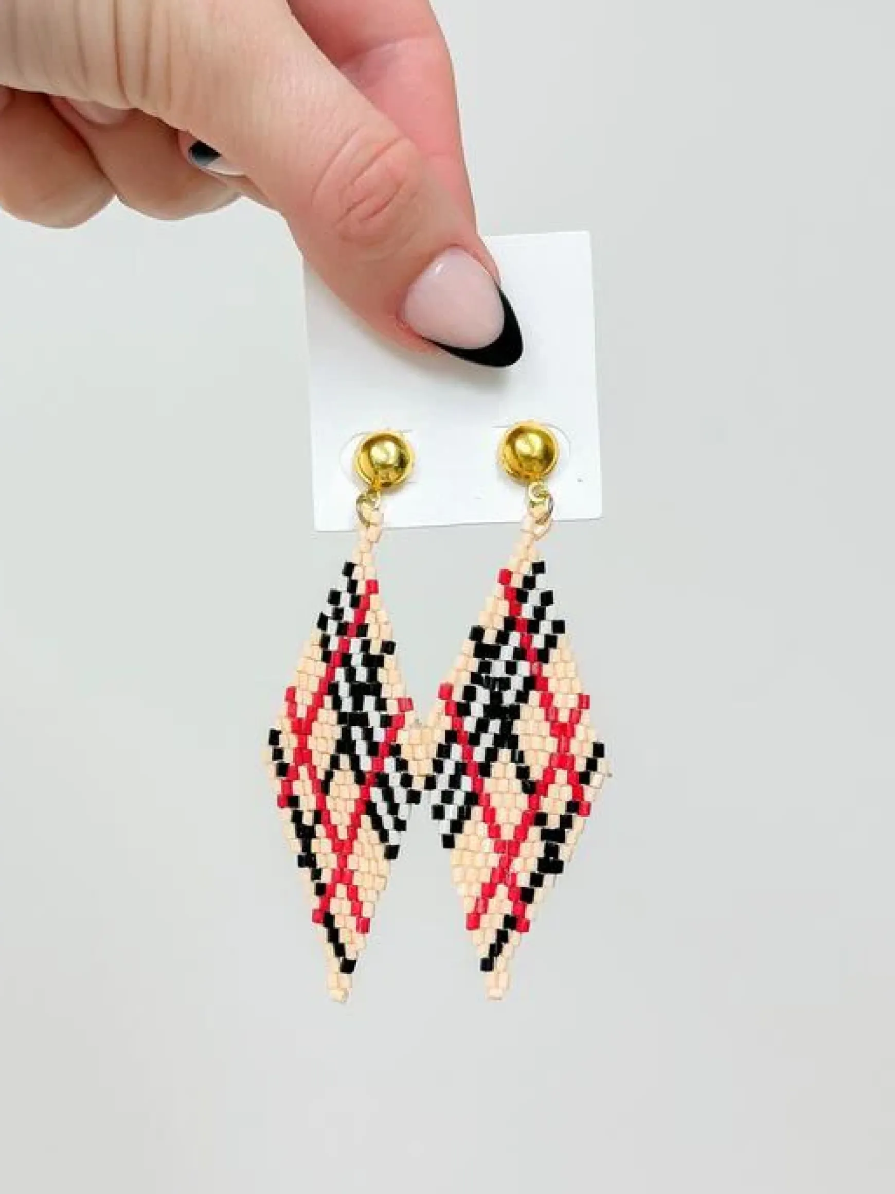 Beige Plaid Fringe Beaded Dangle Earrings