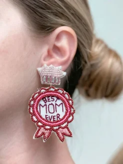 'Best Mom Ever' Award Beaded Dangle Earrings