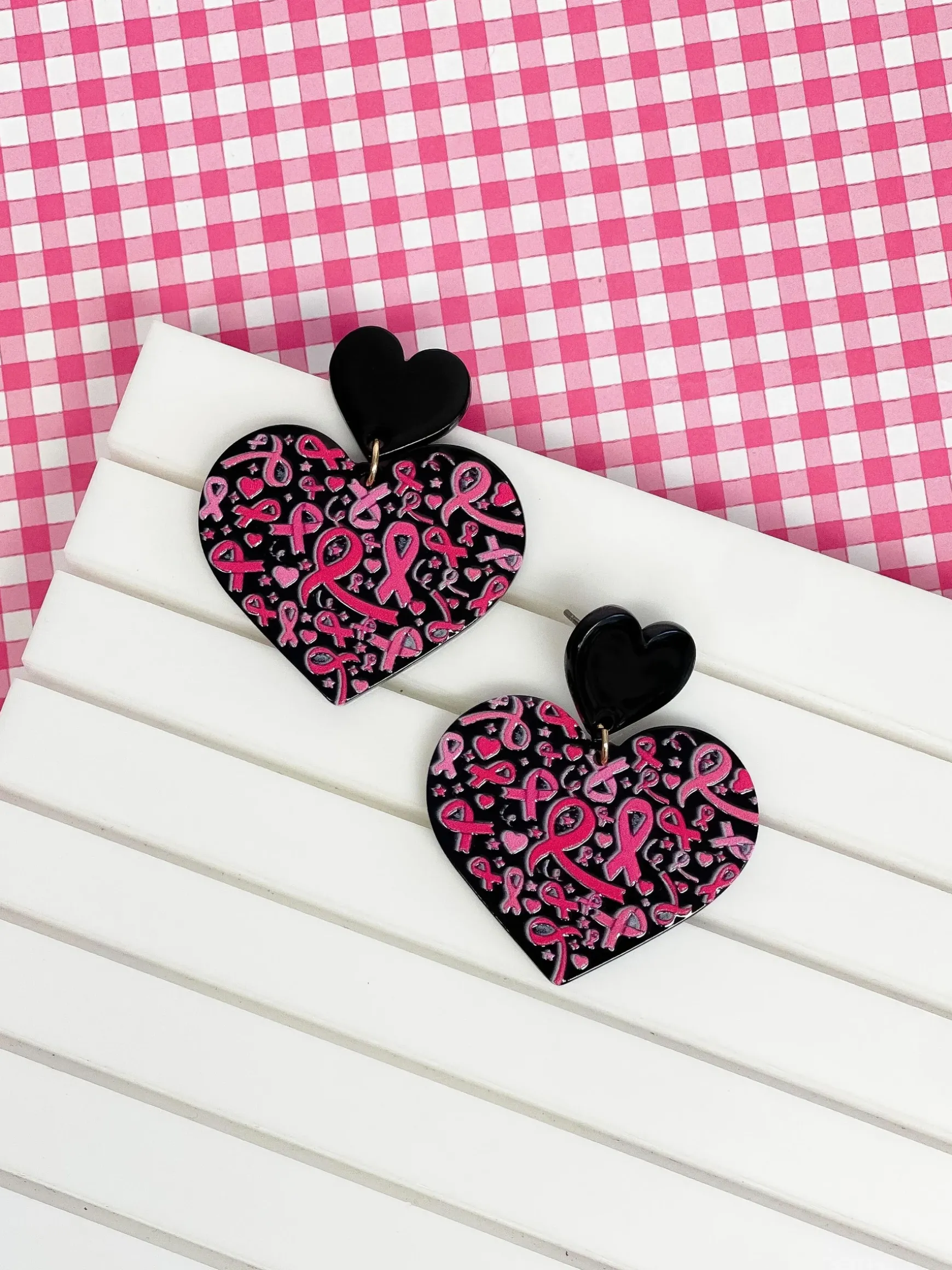 Black Heart Breast Cancer Ribbon Dangle Earrings