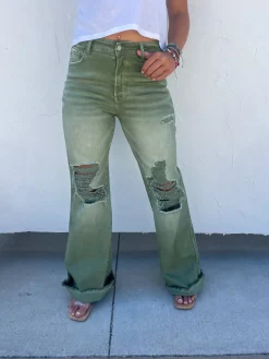 Blakeley Distressed Jeans In Olive and Camel