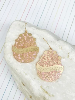 Blooming Floral 'Happy Easter' Egg Dangle Earrings - Gold