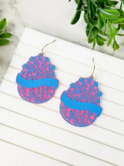 Blooming Floral 'Happy Easter' Egg Dangle Earrings - Blue