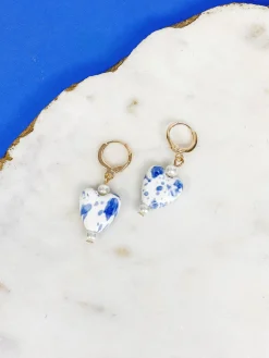 Blue & White Ceramic Pearl Drop Earrings