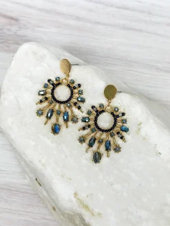 Blue Beaded Burst Dangle Earrings