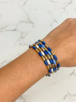 Blue Rice Bead Stretch Bracelet Set