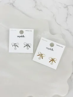Bow & Pearl Stud Earrings - Gold