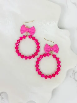 Bow Post Open Dangle Earrings - Hot Pink