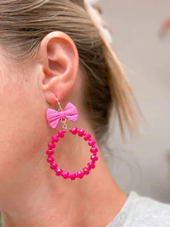 Bow Post Open Dangle Earrings - Hot Pink