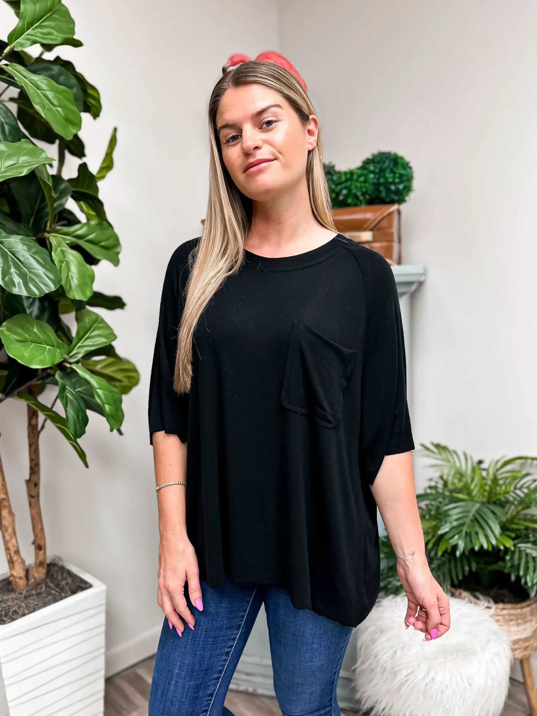 Boxy Raglan Pocket Tee by POL - Black