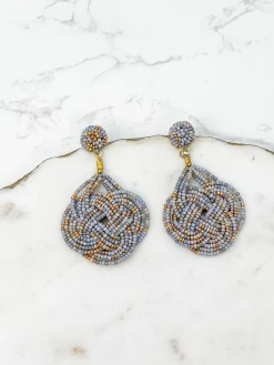 Braided Teardrop Beaded Dangle Earrings - Gray