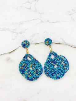 Braided Teardrop Beaded Dangle Earrings - Teal