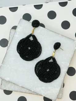Braided Teardrop Beaded Dangle Earrings - Black