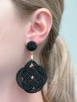 Braided Teardrop Beaded Dangle Earrings - Black