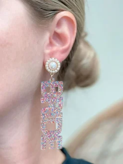 'Bride' Acrylic Glitter Dangle Earrings - Multi