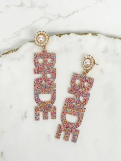 'Bride' Acrylic Glitter Dangle Earrings - Multi
