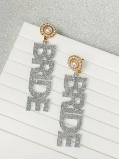 'Bride' Acrylic Silver Glitter Dangle Earrings