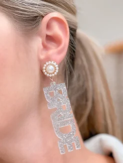 'Bride' Acrylic Silver Glitter Dangle Earrings