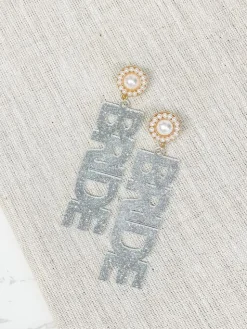 'Bride' Acrylic Silver Glitter Dangle Earrings