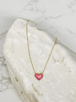 Bright Gold-Dipped Heart Charm Necklace - Pink