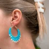 Bright Turquoise Raffia Pearl Hoop Earrings