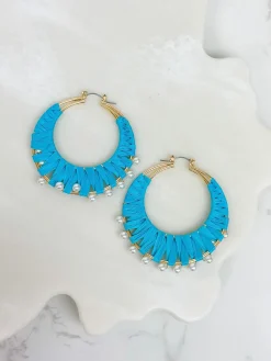 Bright Turquoise Raffia Pearl Hoop Earrings