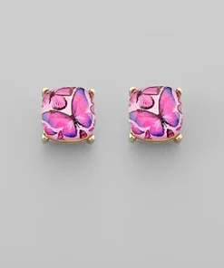 Butterfly Glass Stud Earrings - Fuchsia