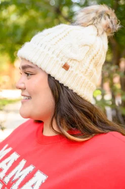 Cable Knit Cuffed Beanie In Ivory (Ships in 1-2 Weeks)