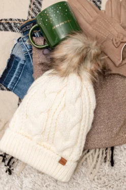 Cable Knit Cuffed Beanie In Ivory (Ships in 1-2 Weeks)