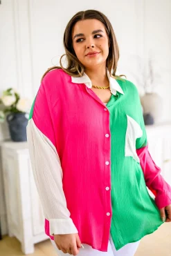 Capture the Day Two Toned Button Up Kelly