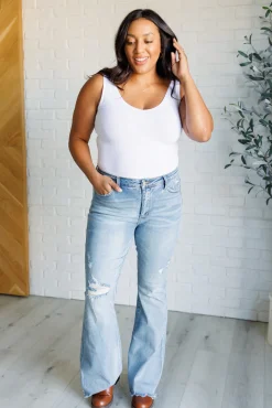 Caroline Mid Rise Control Top Distressed Flare Jeans by Judy Blue