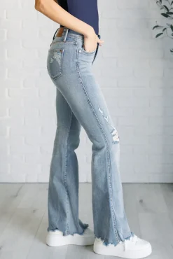 Caroline Mid Rise Control Top Distressed Flare Jeans by Judy Blue