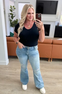 Caroline Mid Rise Control Top Distressed Flare Jeans by Judy Blue