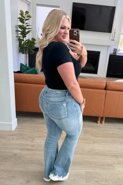 Caroline Mid Rise Control Top Distressed Flare Jeans by Judy Blue