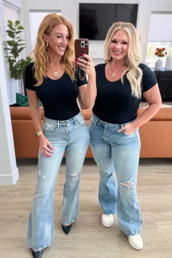 Caroline Mid Rise Control Top Distressed Flare Jeans by Judy Blue