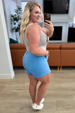 Celeste Mid Rise Shield Pocket Cutoff Shorts in Sky Blue - 3/11