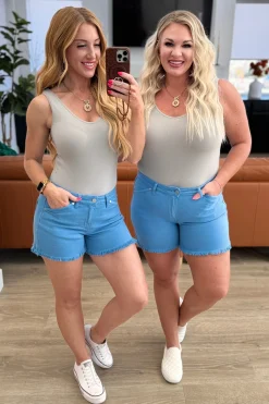 Celeste Mid Rise Shield Pocket Cutoff Shorts by Judy Blue - Sky Blue