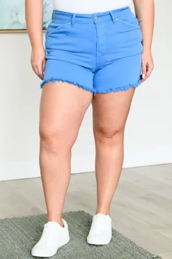 Celeste Mid Rise Shield Pocket Cutoff Shorts by Judy Blue - Sky Blue