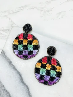 Checkered Beaded Dangled Earrings - Multi
